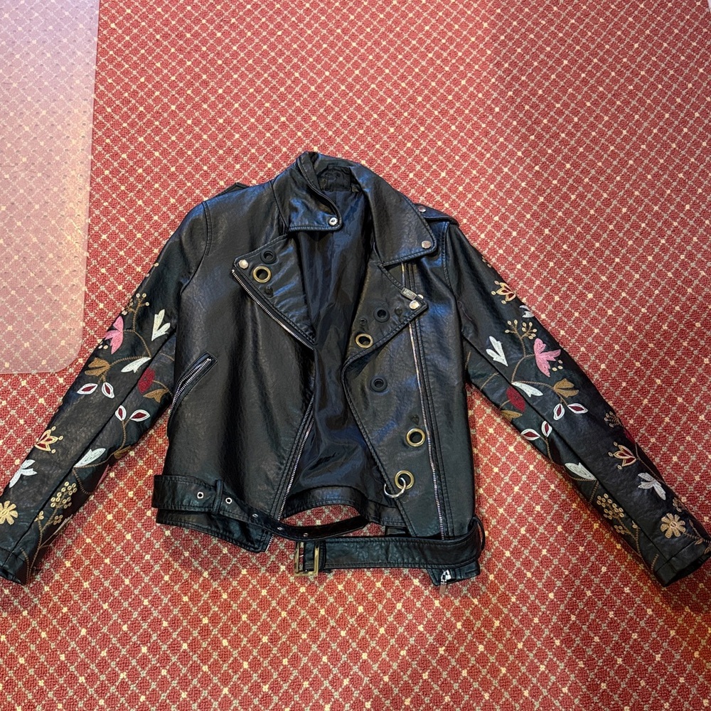 Black Leather Jacket with Floral Embroidery